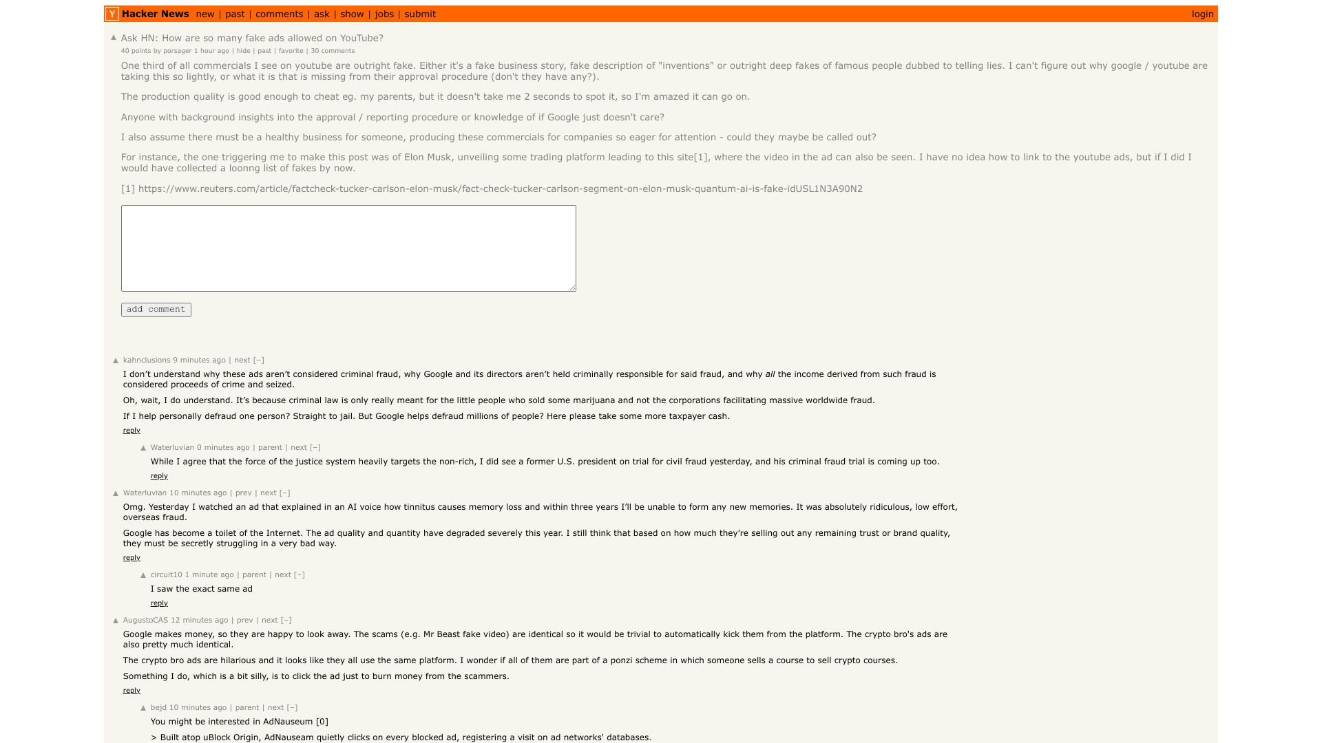 Screenshot of this Hacker News post: Ask HN: How are so many fake ads allowed on YouTube?