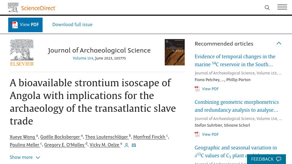 Screenshot of sciencedirect.com: Strontium isoscape of Angola and implications for archaeology of the slave trade