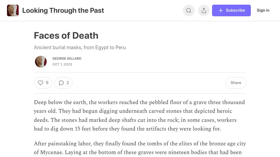 Screenshot of worldhistory.substack.com: Faces of Death: Ancient Burial Masks, from Egypt to Peru
