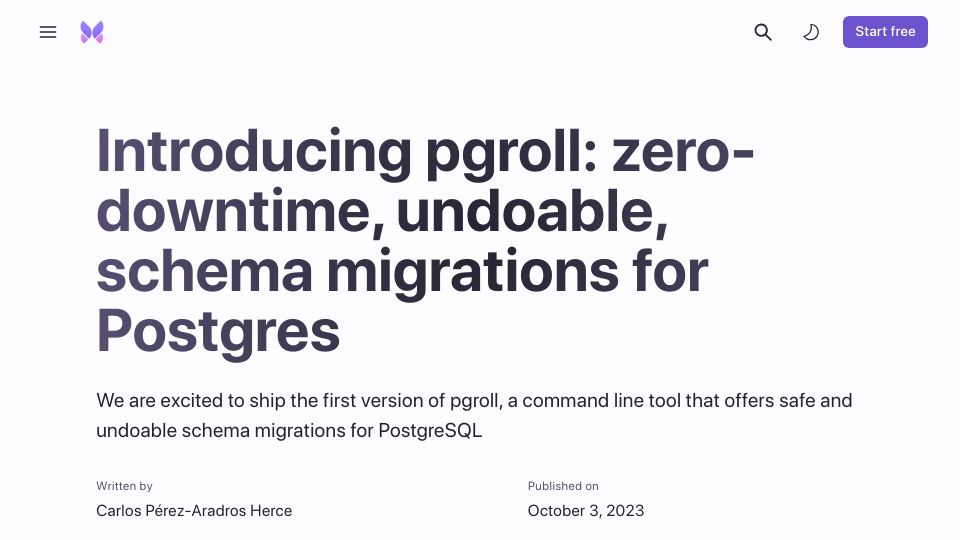 Screenshot of xata.io: Pgroll: zero-downtime, reversible schema migrations for Postgres
