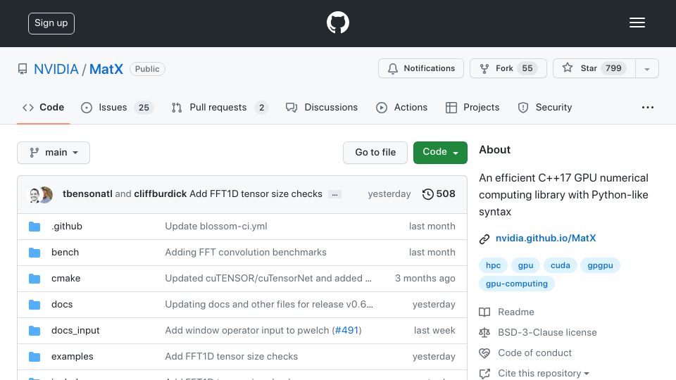 Screenshot of github.com: MatX: Efficient C++17 GPU numerical computing library with Python-like syntax