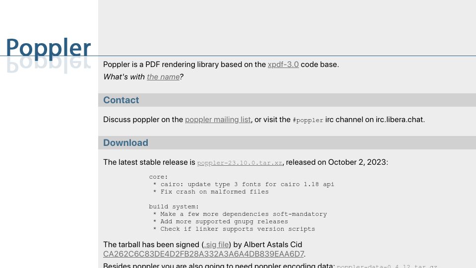 Screenshot of poppler.freedesktop.org: Poppler is a PDF rendering library based on the xpdf-3.0 code base