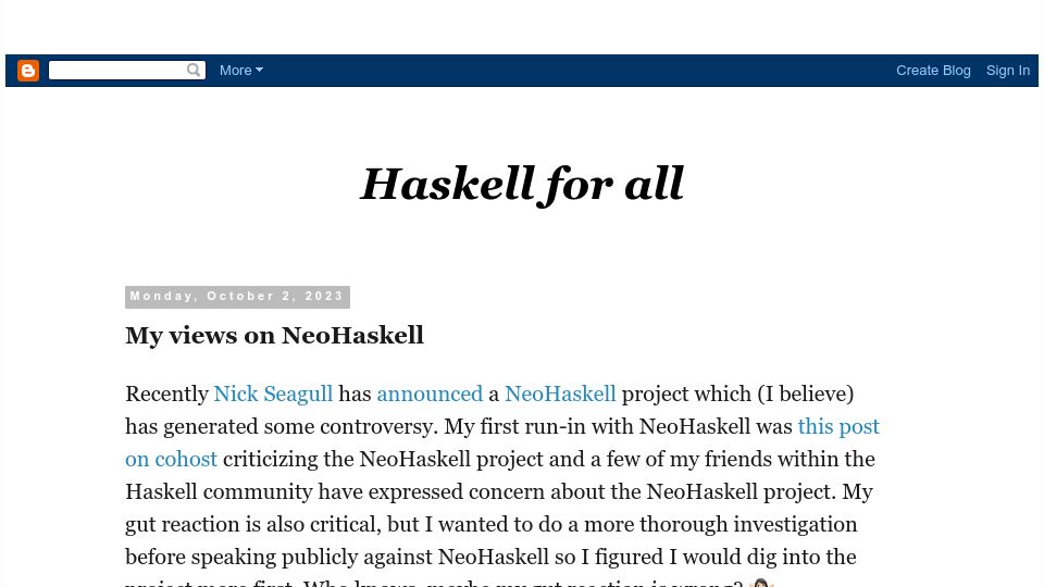 Screenshot of haskellforall.com: My views on NeoHaskell