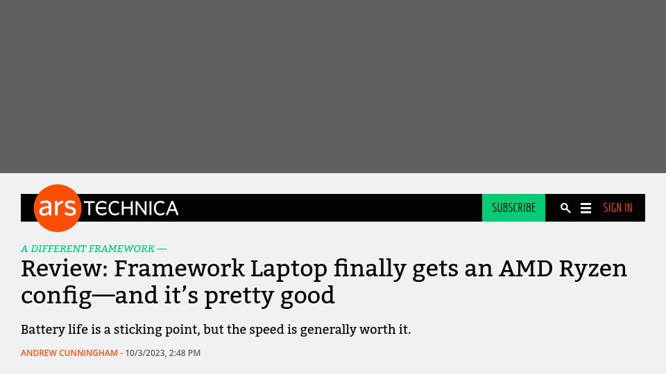 Screenshot of arstechnica.com: Review: Framework Laptop finally gets an AMD Ryzen config–and it’s pretty good