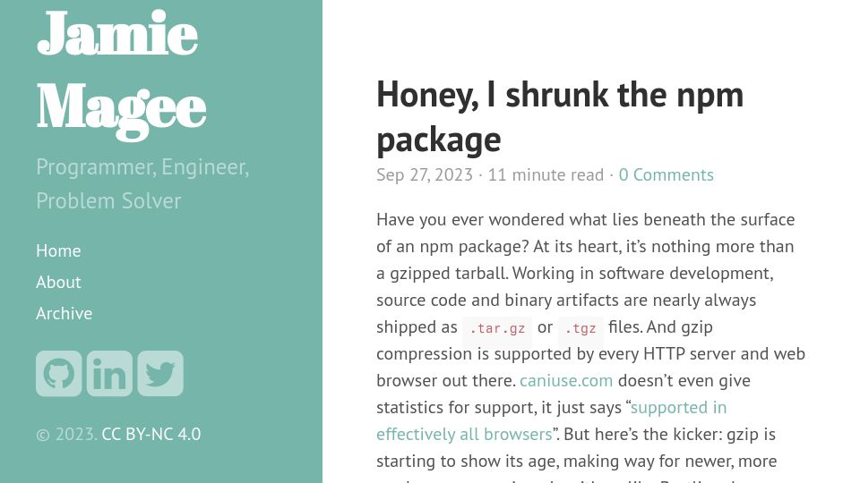 Screenshot of jamiemagee.co.uk: Honey, I shrunk the NPM package