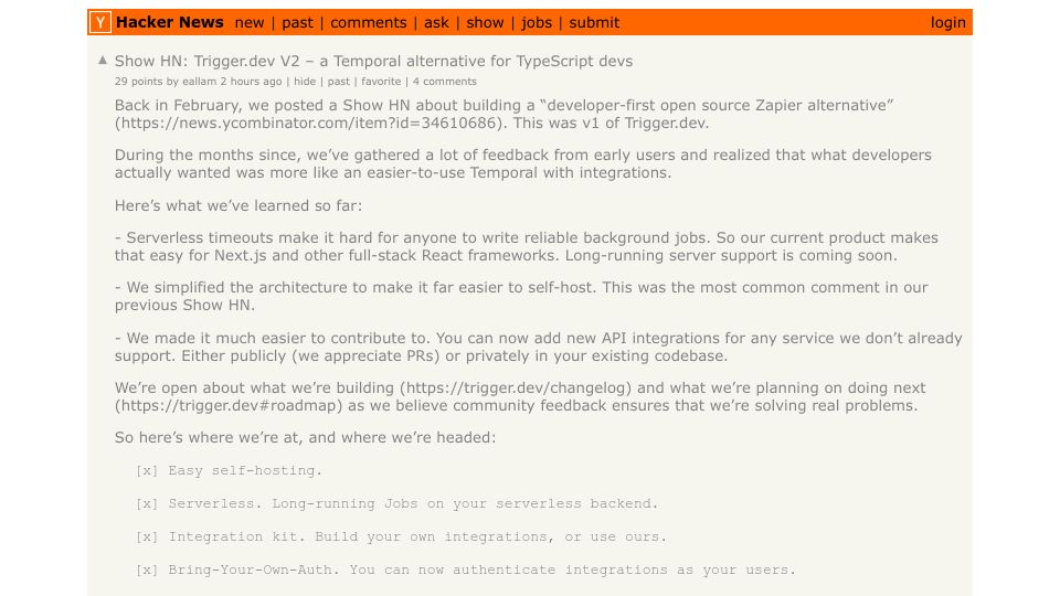 Screenshot of trigger.dev: Show HN: Trigger.dev V2 – a Temporal alternative for TypeScript devs