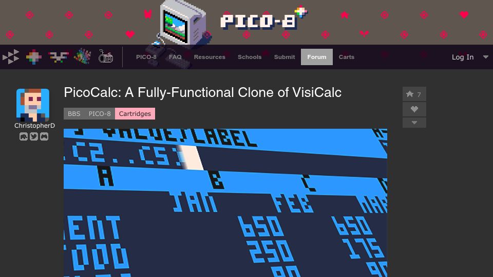 Screenshot of lexaloffle.com: PicoCalc: A fully-functional clone of VisiCalc for the PICO-8