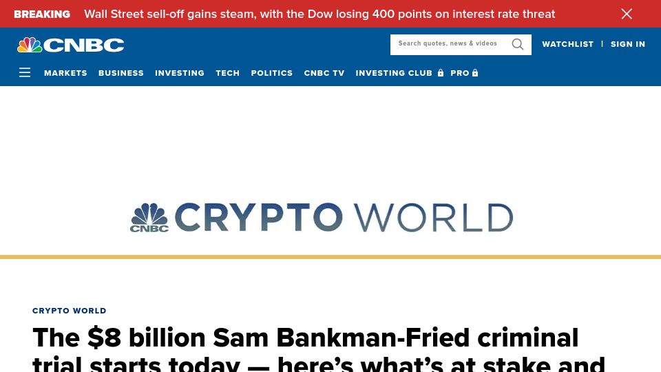 Screenshot of cnbc.com: $8B Sam Bankman-Fried criminal trial starts today