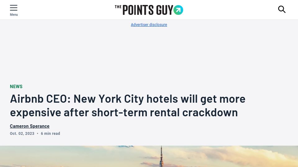 Screenshot of thepointsguy.com: Airbnb CEO: NYC hotels will get more expensive after short-term rental crackdown