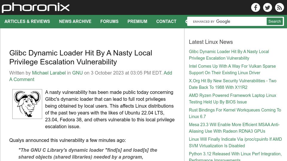 Screenshot of phoronix.com: Glibc dynamic loader hit by a nasty local privilege escalation vulnerability
