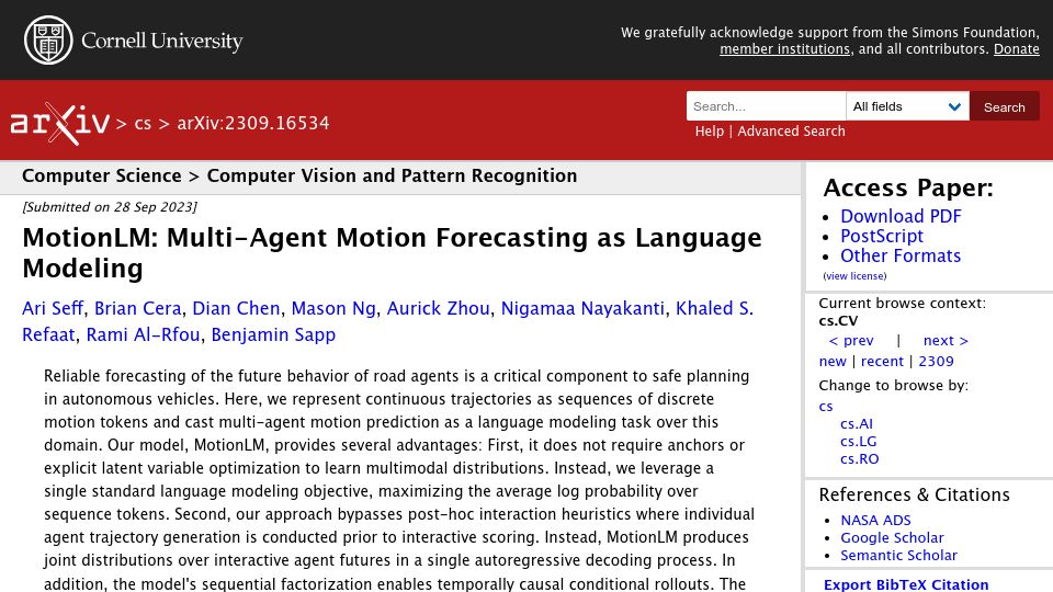 Screenshot of arxiv.org: MotionLM: Multi-Agent Motion Forecasting as Language Modeling