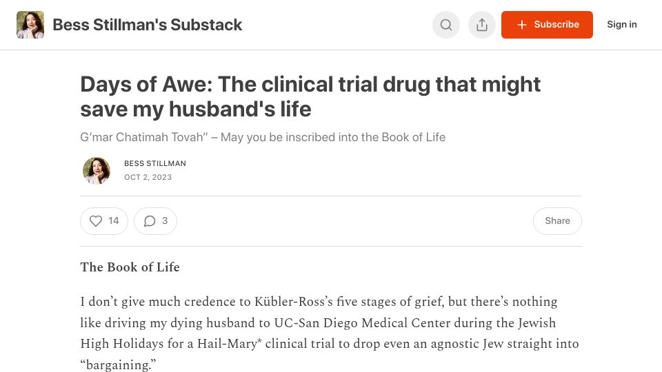 Screenshot of bessstillman.substack.com: Days of Awe: The clinical trial drug that might save my husband's life