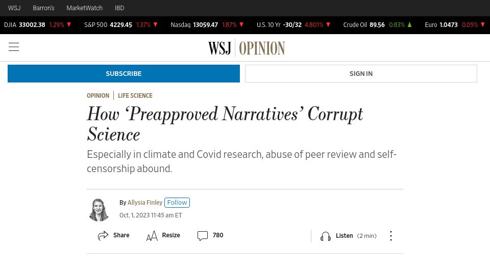 Screenshot of wsj.com: ‘Preapproved Narratives’ Corrupt Science