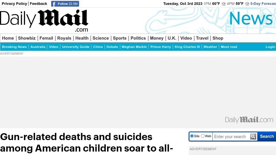 Screenshot of dailymail.co.uk: Gun-related deaths and suicides among American children soar to all-time high