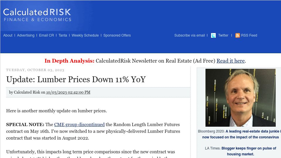 Screenshot of calculatedriskblog.com: Lumber prices down 11% YoY