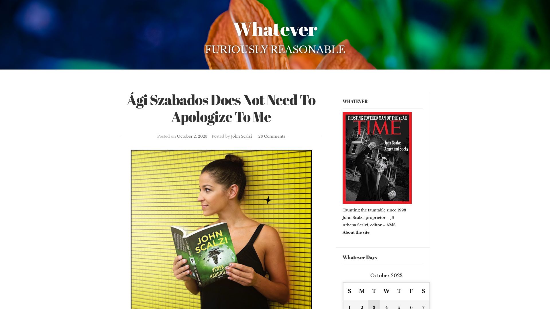Screenshot of whatever.scalzi.com: Ági Szabados Does Not Need to Apologize to Me
