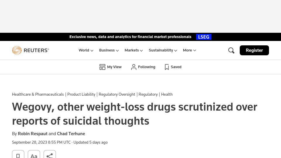 Screenshot of reuters.com: Wegovy, other weight-loss drugs scrutinized over reports of suicidal thoughts