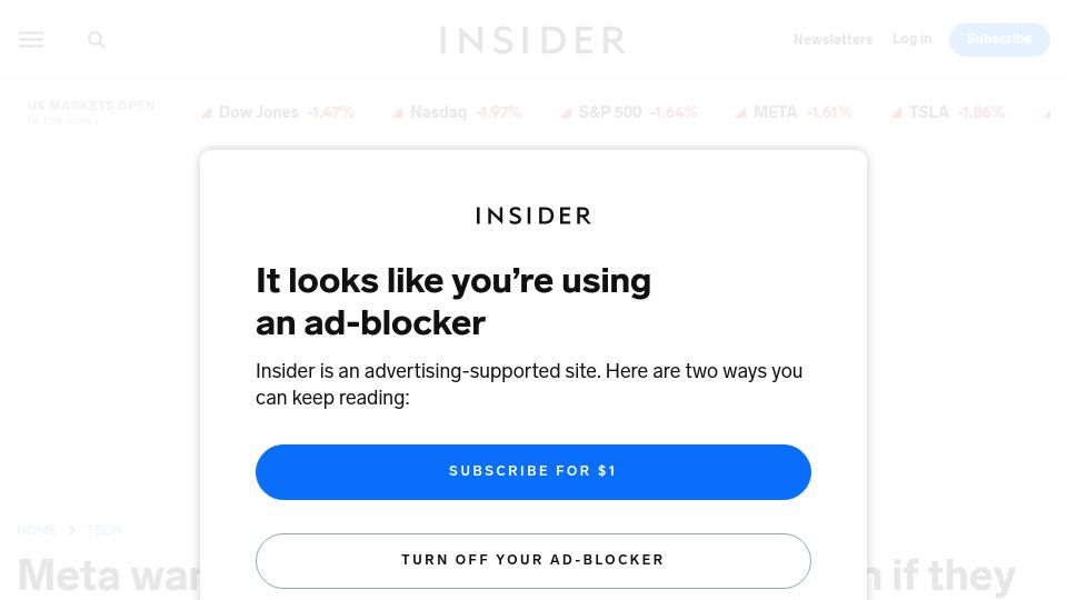 Screenshot of businessinsider.com: Meta wants to charge EU users $14/month if they don't agree to personalized ads
