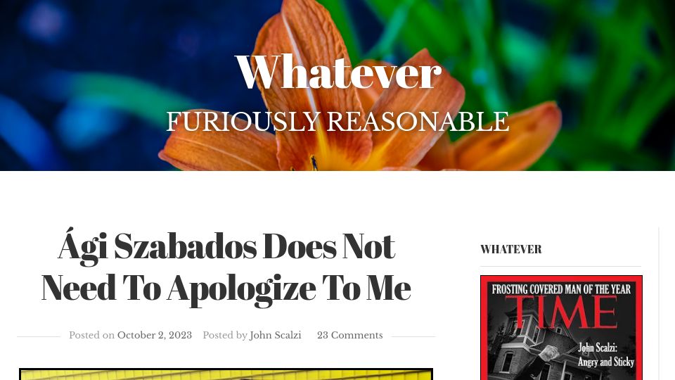 Screenshot of whatever.scalzi.com: Ági Szabados Does Not Need to Apologize to Me