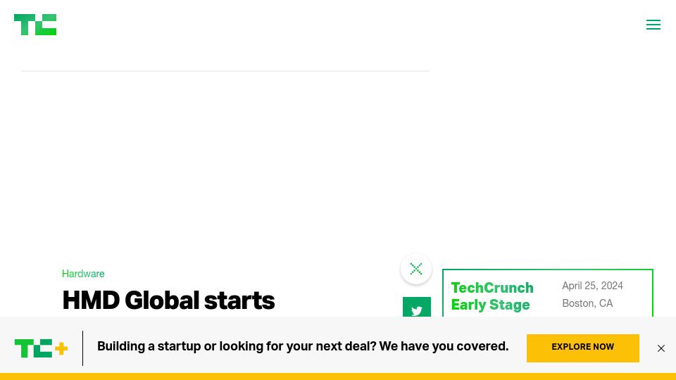 Screenshot of techcrunch.com: HMD Global Starts Manufacturing in Europe with the ‘Made in Hungary’ Nokia XR21