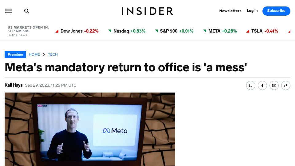 Screenshot of businessinsider.com: Meta's Mandatory Return to Office Is 'A Mess'