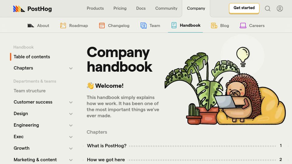Screenshot of posthog.com: PostHog Company Handbook