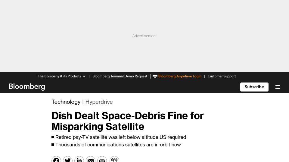 Screenshot of bloomberg.com: Dish dealt space-debris fine for misparking satellite