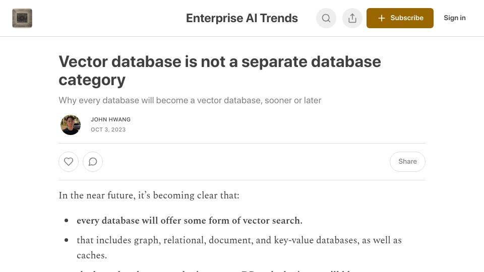 Screenshot of nextword.substack.com: Every database will become a vector database sooner or later