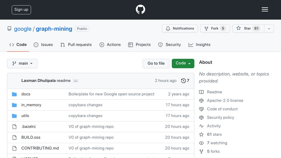 Screenshot of github.com: Graph Mining Library