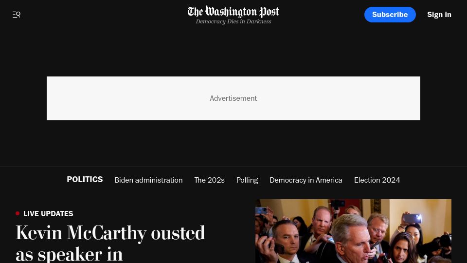 Screenshot of washingtonpost.com: Kevin McCarthy ousted as speaker in Republican-led House