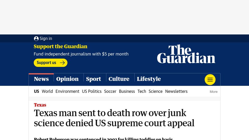 Screenshot of theguardian.com: Texas man sent to death row over junk science denied US Supreme Court appeal
