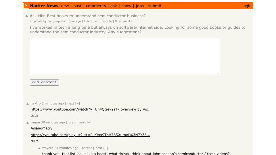 Screenshot of Hacker News post: Ask HN: Best books to understand semiconductor business?