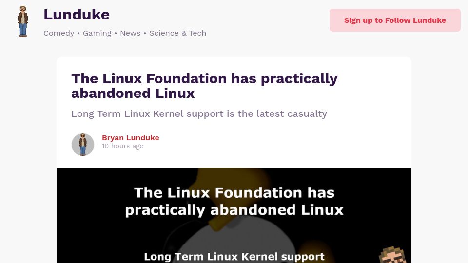 Screenshot of lunduke.locals.com: The Linux Foundation has practically abandoned Linux