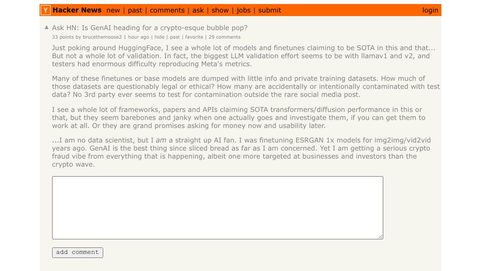 Screenshot of Hacker News post: Ask HN: Is GenAI heading for a crypto-esque bubble pop?