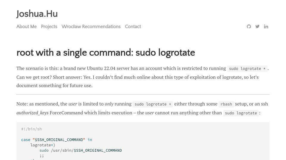 Screenshot of joshua.hu: root with a single command: sudo logrotate