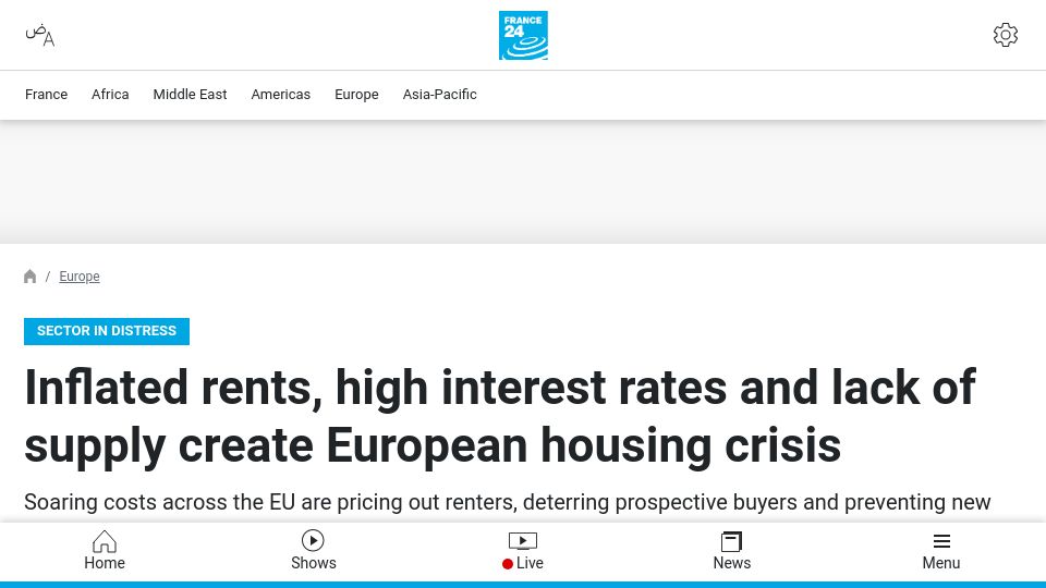 Screenshot of france24.com: Inflated rents, high interest and lack of supply create European housing crisis