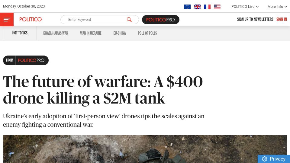 Screenshot of politico.eu: The future of warfare: A $400 drone killing a $2M tank