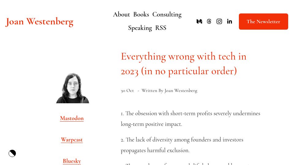 Screenshot of joanwestenberg.com: Everything wrong with tech in 2023 (in no particular order)