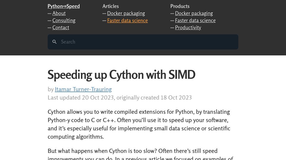 Screenshot of pythonspeed.com: Speeding up Cython with SIMD