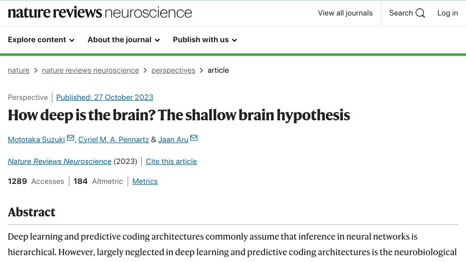 Screenshot of nature.com: How deep is the brain? The shallow brain hypothesis