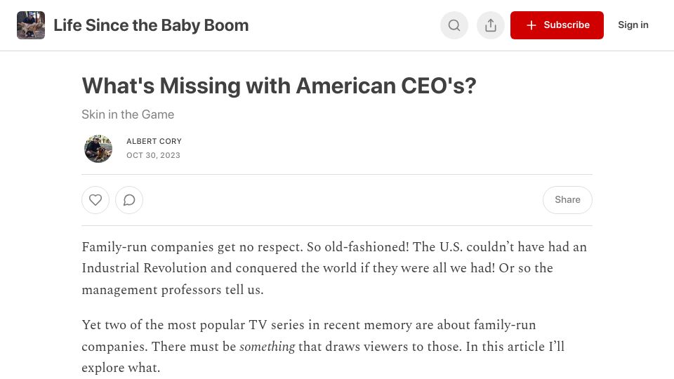 Screenshot of albertcory50.substack.com: What's missing with American CEOs?