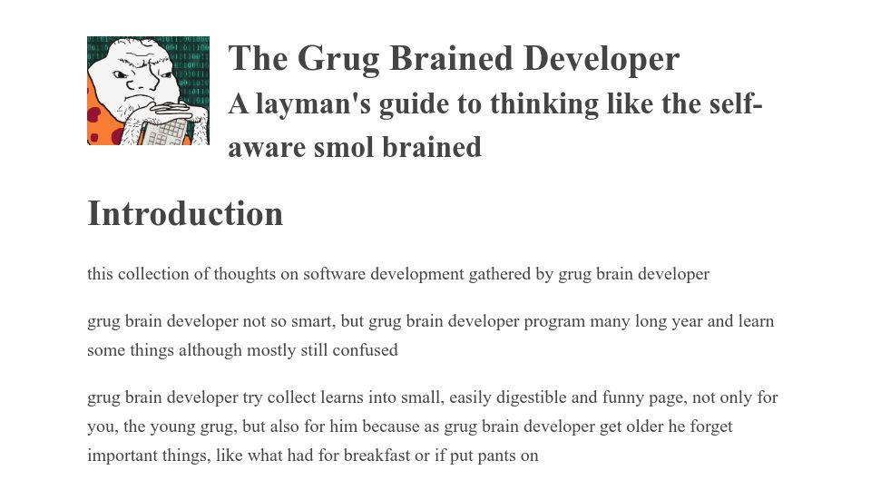 Screenshot of grugbrain.dev: The Grug Brained Developer (2022)