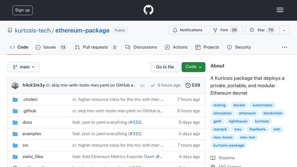 Screenshot of github.com: Show HN: Launch a private Ethereum Testnet with all clients and MEV infra