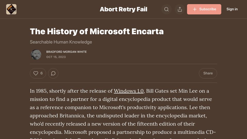 Screenshot of abortretry.fail: The History of Microsoft Encarta