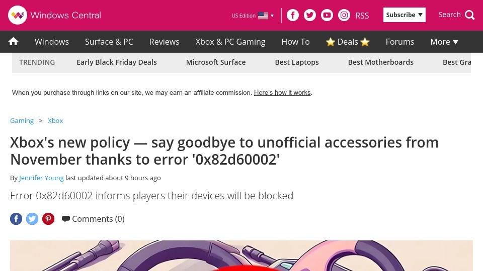 Screenshot of windowscentral.com: Xbox's new policy – say goodbye to unofficial accessories from November