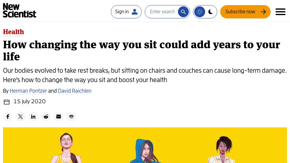 Screenshot of newscientist.com: Changing the way you sit could add years to your life