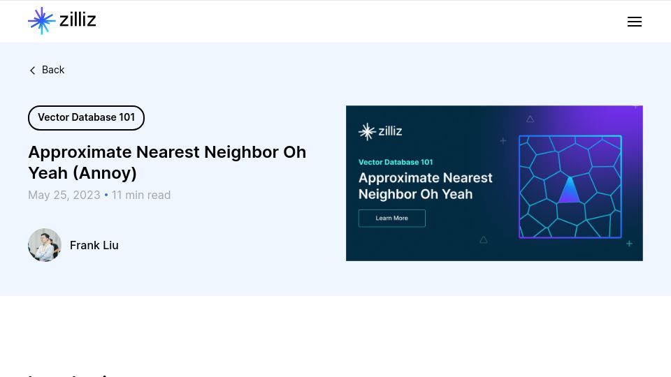 Screenshot of zilliz.com: Approximate Nearest Neighbor Oh Yeah (Annoy)