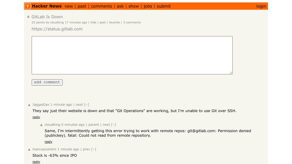 Screenshot of Hacker News post: GitLab Is Down