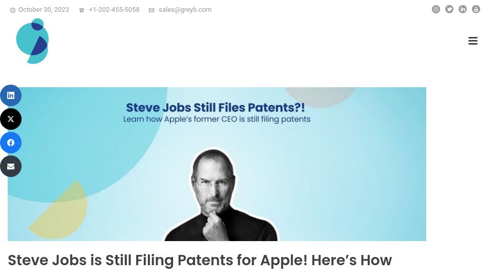 Screenshot of greyb.com: New Apple patents have Steve Jobs credited as an inventor