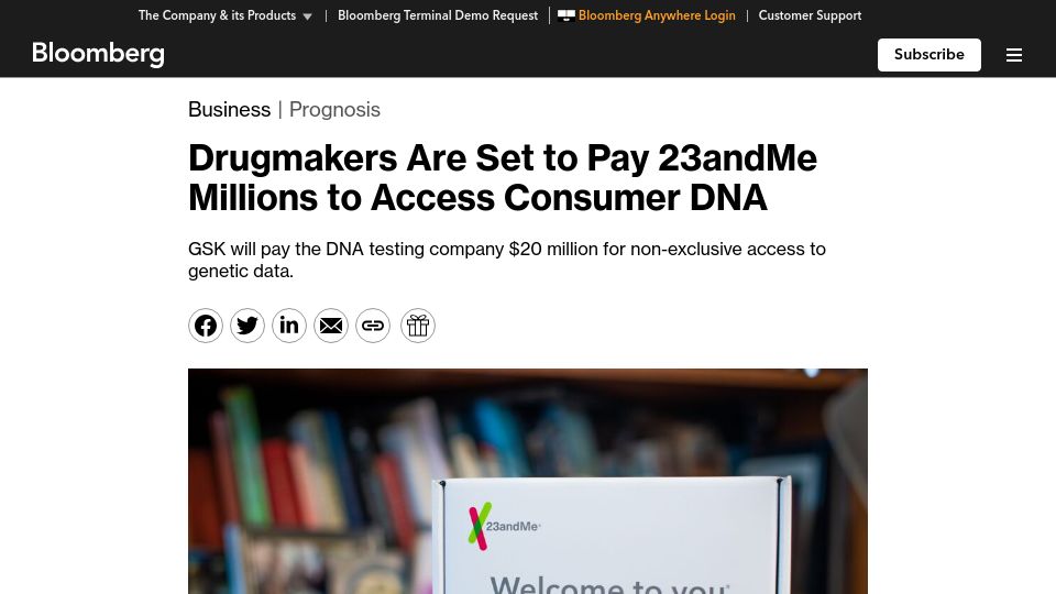 Screenshot of bloomberg.com: Drugmakers are set to pay 23andMe to access consumer DNA